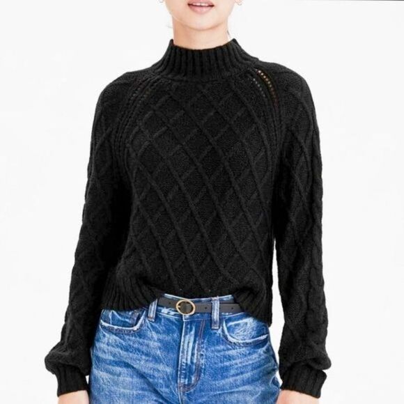 American Eagle Cable Knit Balloon Sleeve Chunky Mock Neck Sweater Top - Picture 2 of 10